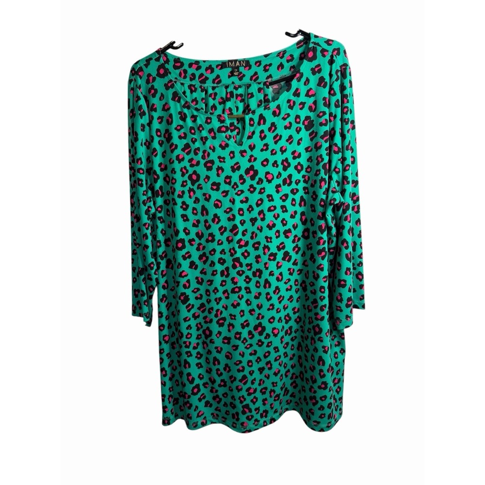 IMAN womens green animal print outfit shirt & pants size 1X